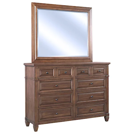 Transitional Eight Drawer Chesser and Mirror Set with Media Storage